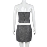Slim Wrap Chest Tops And Skirt PU Leather 2 Piece Set GNZD-9769SD