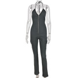 Sexy Sling Zipper Denim Jumpsuit GNZD-6464JL