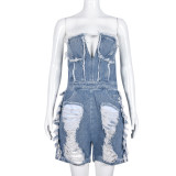 Sexy Holes Zipper Wrap Chest Denim Romper GNZD-9439JD