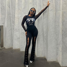 Splicing Mesh Print Holes Jumpsuit GNZD-7951JG