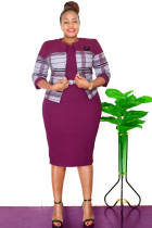 Plus Size Stripe Coat Midi Dress 2 Piece Set GJXI-JX514