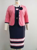 Plus Size Color Block Print Coat Dress 2 Piece Set GJXI-JX035