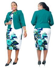 Plus Size Print Midi Dress Coat Two Piece Set  GJXI-JX079
