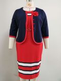 Plus Size Color Block Print Coat Dress 2 Piece Set GJXI-JX035
