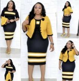 Plus Size Color Block Print Coat Dress 2 Piece Set GJXI-JX035