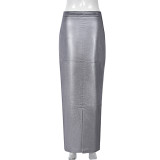 Patchwork Split PU Leather Half-body Skirt GFRT-7662