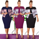 Plus Size Stripe Coat Midi Dress 2 Piece Set GJXI-JX514