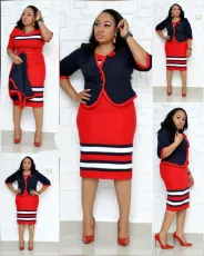 Plus Size Color Block Print Coat Dress 2 Piece Set GJXI-JX035