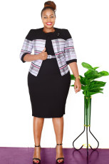 Plus Size Stripe Coat Midi Dress 2 Piece Set GJXI-JX514