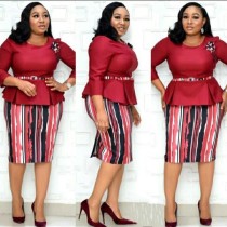 Plus Size Casual O Neck Contrast Color Print Midi Dress GJXI-JX058