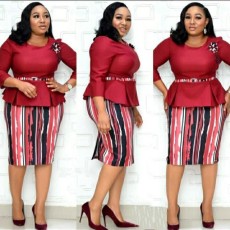 Plus Size Casual O Neck Contrast Color Print Midi Dress GJXI-JX058
