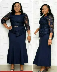 Plus Size Lace Patchwork 3/4 Sleeve Maxi Dress GJXI-JX020