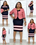 Plus Size Color Block Print Coat Dress 2 Piece Set GJXI-JX035