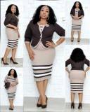 Plus Size Color Block Print Coat Dress 2 Piece Set GJXI-JX035