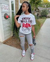 Letter Print O Neck T Shirt GXJL-40084