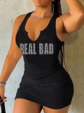 Black Letter Print Sleeveless Mini Dress GXJL-90124