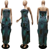 Sexy Tube Top Tie Dye Split Denim Maxi Dress CM-8702
