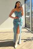Sexy Tube Top Tie Dye Split Denim Maxi Dress CM-8702