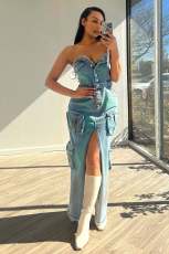 Sexy Tube Top Tie Dye Split Denim Maxi Dress CM-8702