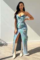 Sexy Tube Top Tie Dye Split Denim Maxi Dress CM-8702