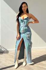 Sexy Tube Top Tie Dye Split Denim Maxi Dress CM-8702