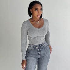 Solid Color V Neck Long Sleeve T Shirt GSZM-M23TP518