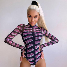 Letter Print Mesh High Collar Bodysuit GSZM-M23BS557