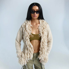Solid Color Long Sleeve Tassel Knits Coat GSZM-Q23TP379