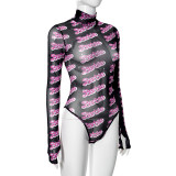 Letter Print Mesh High Collar Bodysuit GSZM-M23BS557