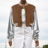 Color Block Short PU Leather Baseball Coat GSZM-K23TP377