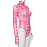 Letter Print Mesh High Collar Bodysuit GSZM-M23BS557