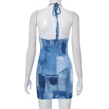 Print Halter Tie Up Backless Mini Dress GSZM-Q23DS210
