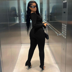 Rib Tie Up Long Sleeve Tight Jumpsuit XEF-38443