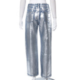 Solid Color Hot Gold Zipper Straight Jeans GSZM-M23PT388