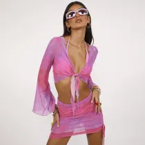 Tie Dye Print V Neck Pleated Mesh Skirt Set GSZM-R21ST129