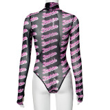 Letter Print Mesh High Collar Bodysuit GSZM-M23BS557