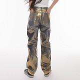 Solid Color Hot Gold Zipper Straight Jeans GSZM-M23PT388