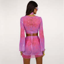 Tie Dye Print V Neck Pleated Mesh Skirt Set GSZM-R21ST129