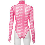 Letter Print Mesh High Collar Bodysuit GSZM-M23BS557