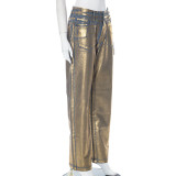 Solid Color Hot Gold Zipper Straight Jeans GSZM-M23PT388