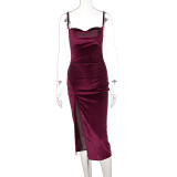 Solid Sling Split Slim Midi Dress BLG-D1C7356A