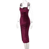 Solid Sling Split Slim Midi Dress BLG-D1C7356A