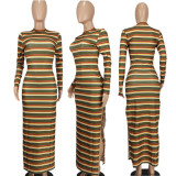 Long Sleeve Stripe Print Split Maxi Dress YD-8793