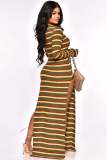 Long Sleeve Stripe Print Split Maxi Dress YD-8793