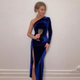 Slash Shoulder Pleated Split Midi Dress BLG-D1B7066A