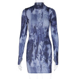 Casual Print Slim Long Sleeve Mini Dress BLG-D3612954K