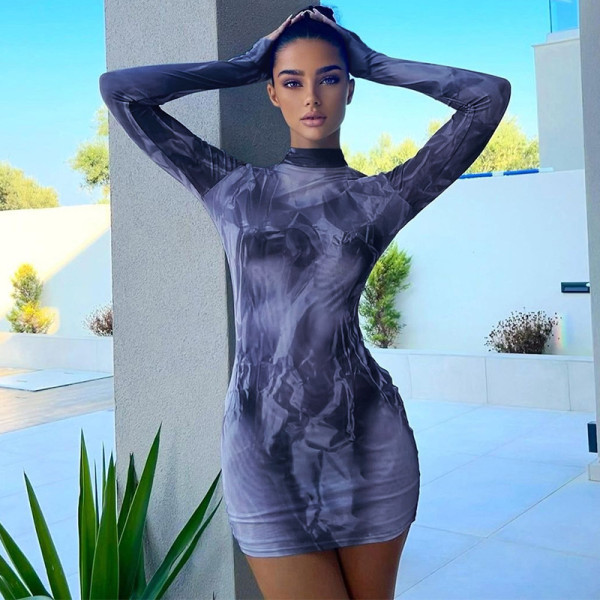 Casual Print Slim Long Sleeve Mini Dress BLG-D3612954K