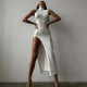 Solid Color O Neck Long Sleeve Split Maxi Dress BLG-D1B7226K