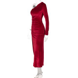 Slash Shoulder Pleated Split Midi Dress BLG-D1B7066A