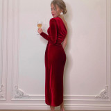 Slash Shoulder Pleated Split Midi Dress BLG-D1B7066A